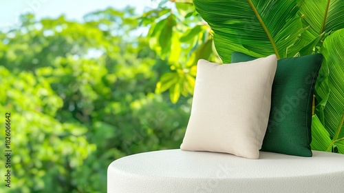 Arranging Pillows on Table Outdoor with Lush Greenery Background