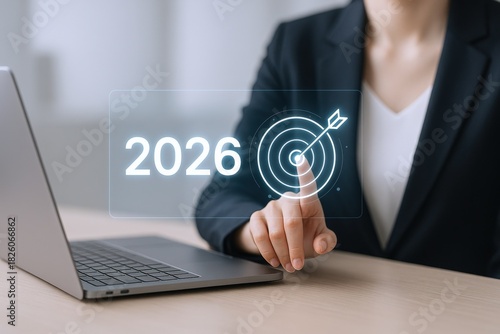 Businesswoman Setting 2026 Goals: Digital Interface, Target Achievement, Strategic Planning, Future Vision, and Technology Integration for Success
