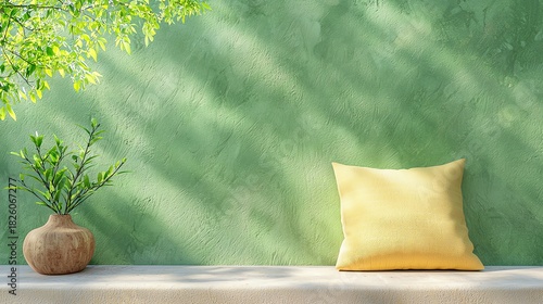 Still Life with Plant and Pillow Against Textured Green Wall