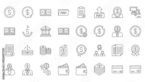 Financial icons depicting payment and currency transactions in a digital format
