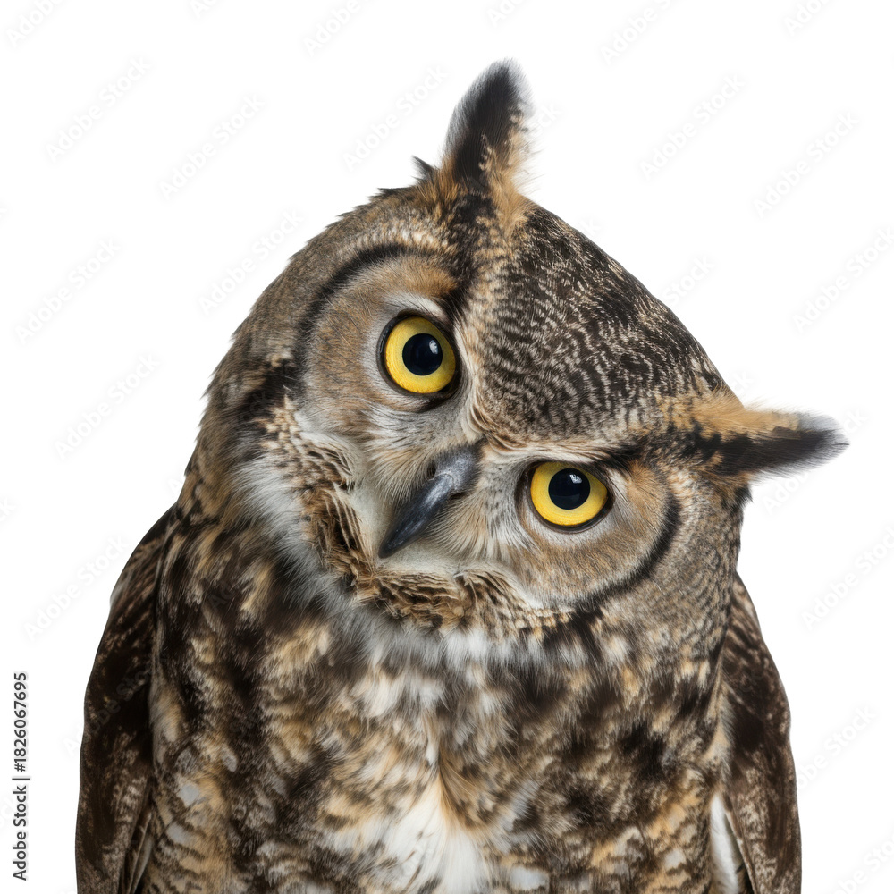 Fototapeta premium Close up portrait of a majestic great horned owl with piercing yellow eyes against a stark black