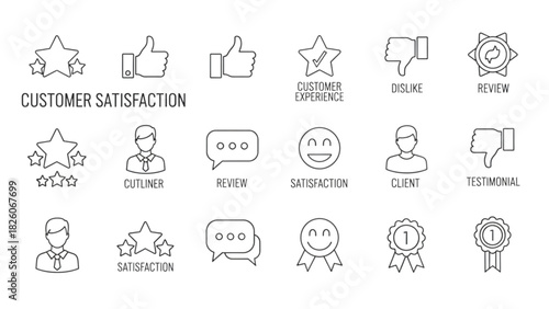 Vector Line Icons Set for Customer Satisfaction, Feedback, and Service Experience Evaluation
