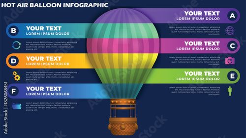 Hot Air Balloon Infographic with Colorful Banner Labels for Data Visualization, Business Strategy, Process Steps, Marketing Presentation, and Creative Statistical Reports