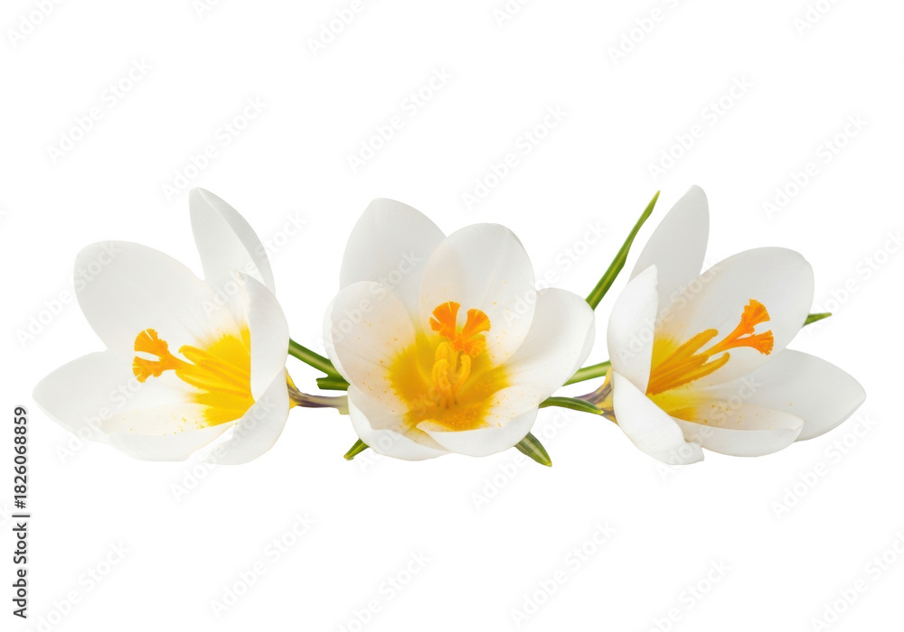 Fototapeta premium Close-up macro of three delicate white crocus flowers with vibrant orange stamens and yellow pollen against a transparent background with copy space, concept of spring freshness