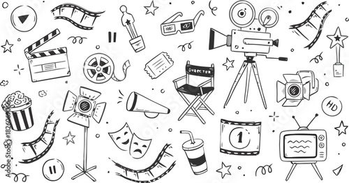 cinema, film, movie, movie making, camera, clapperboard, popcorn, tickets, director chair, megaphone, spotlight, film reel, film strip, 3D glasses, trophy, masks, television, play button, pause button