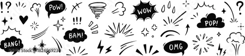 comic, hand drawn, black and white, speech bubble, action, explosion, effect, sound effect, POW, WOW, BAM, OMG, illustration, drawing, design, abstract, shapes, lines, dots, energy, motion, impact, qu