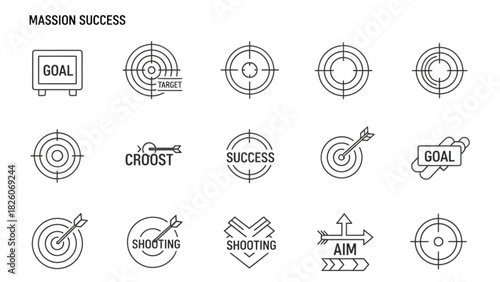 Set of graphic icons representing concepts of goal setting, accuracy, and achievement