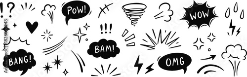 comic, hand drawn, black and white, speech bubble, action, explosion, effect, sound effect, POW, WOW, BAM, OMG, illustration, drawing, design, abstract, shapes, lines, dots, energy, motion, impact, qu