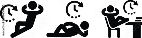 time, clock, person, human, figure, icon, symbol, work, study, rest, relaxation, procrastination, deadline, schedule, management, concept, black, white, silhouette, graphic, illustration, design, whit