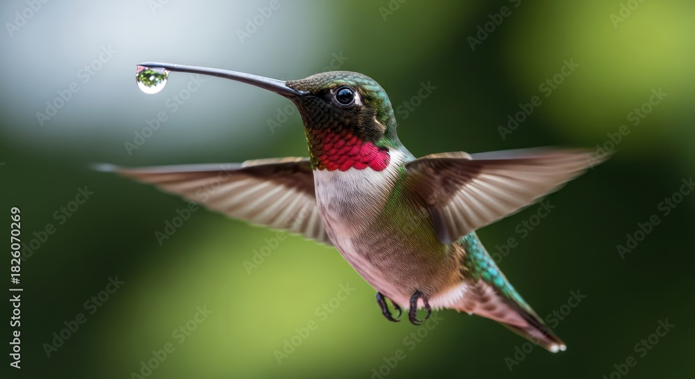 Obraz premium Ruby-throated hummingbird with water droplet poised for flight in soft green nature setting