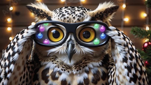 Christmas decorated snowy owl wearing headphones with warm cozy lights background