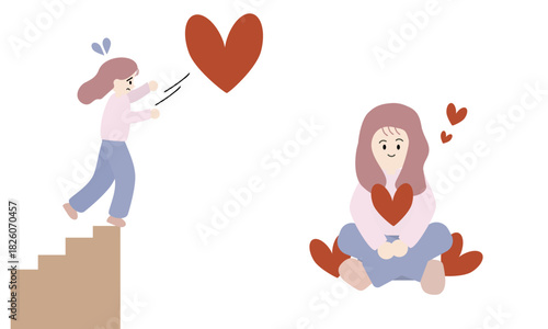 頑張って愛を求め続ける女性と内側から自然に愛があふれる女性の対比イラスト