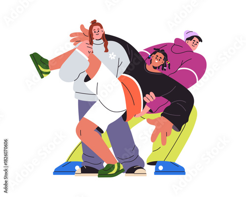 Happy young friends in fun poses for funny photo portrait. Smiling people, yo...