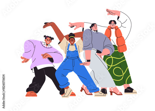 Young happy female friends celebrating and posing for fun, joy. Cheerful women group, excited funny joyful girls smiling, gesturing together. Flat vector illustration isolated on white background