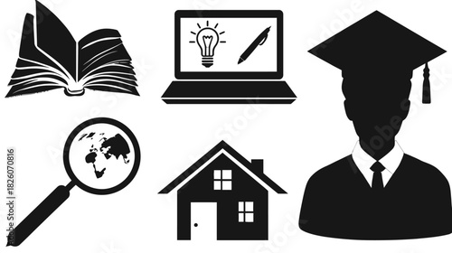 Collection of stylized, black and white illustrations. It has a book, laptop, graduation, house, and globe