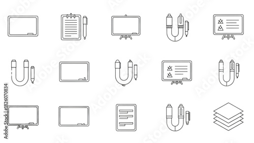 Collection of Modern Outline Icons for Business Presentation and Office Management Tools