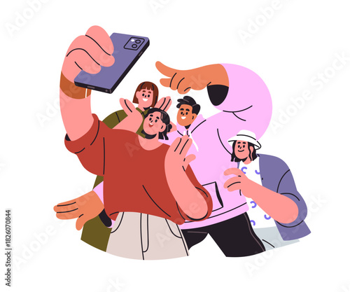 Happy friends group taking selfie photo, team video together. Young men and women holding smartphone, smiling and posing for self photograph. Flat vector illustration isolated on white background