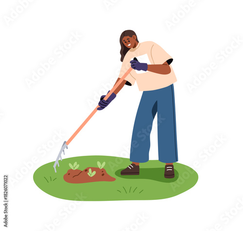 Gardening, farming work with rake. Black woman farmer, gardener loosening soil, caring for seedlings in agriculture field patch. Growing plants. Flat vector illustration isolated on white background