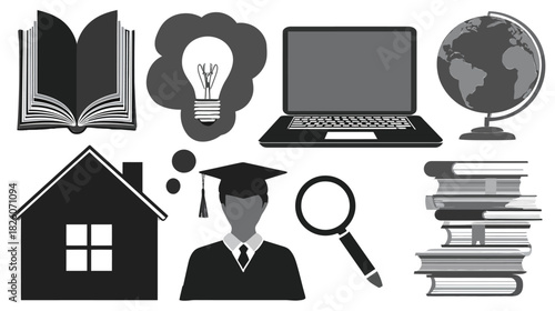 An illustrative graphic of education-related symbols depicted in grayscale on a white background
