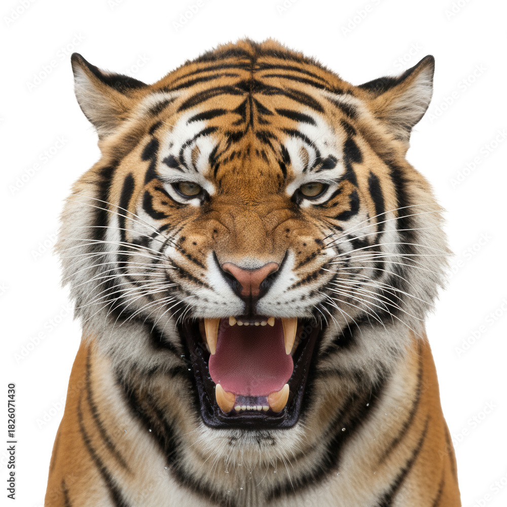 Fototapeta premium Close-up portrait of a fierce tiger roaring with mouth open and teeth exposed on black background