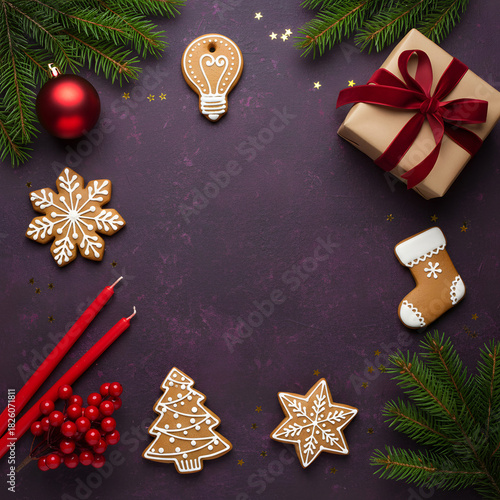 A warm holiday features gingerbread cookies, star shapes, cookie cutters, red berries, pine branches, a wrapped gift, and candles, creating a cozy atmosphere for Christmas and New Year.