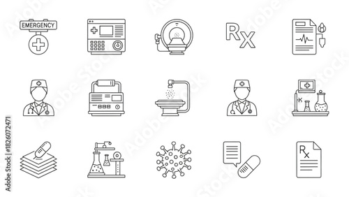 Medical Icons Emergency, Equipment, and Healthcare Symbols in Outline Style