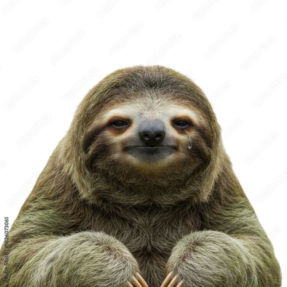 Fototapeta premium Close-up portrait of a three-toed sloth with a unique expression against a black background
