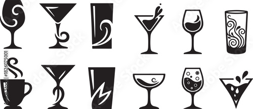 Modern Stylized Drink Glass Icons Set for Bar Menu, Cocktail Lounge Logo, Restaurant Branding, and Beverage Illustration Design