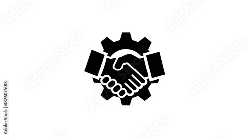 A black and white graphic showing a handshake icon in front of a gear shape