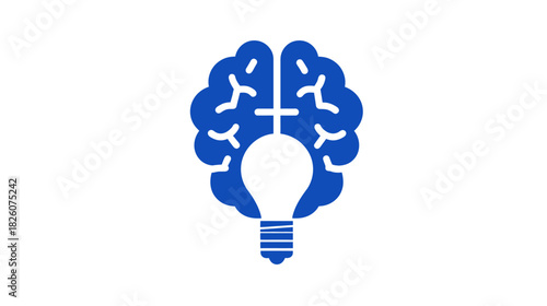 Blue stylized brain with lightbulb inside on white background, representing ideas