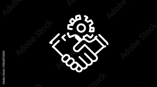 White outline icon showing a handshake with a gear above it, on a black background
