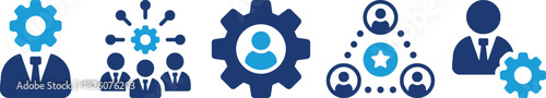 business, team, management, people, group, worker, employee, leader, collaboration, strategy, process, gear, cogwheel, star, ranking, success, icon, symbol, graphic, design, blue, teal, white backgrou