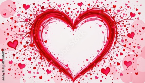 Abstract Red Heart with Splashes and Smaller Hearts on a Soft Pink Background for Romantic Themes