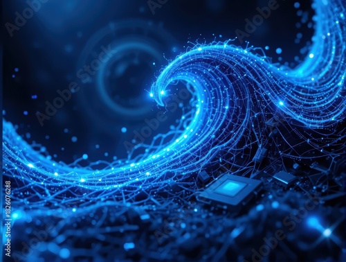 Abstract Digital Wave of Light and Data Flow Representing Technology and Innovation in Blue Colors