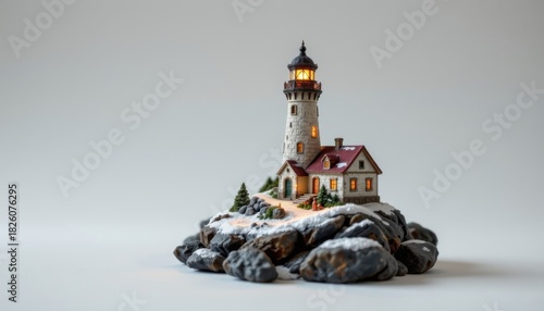 ultra detailed arctic lighthouse crafted from silver trimmed base, showcasing twinkling micro lights, fantasy inspired miniature scene, isolated on pure white background, ultra sharp