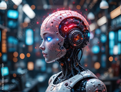 Futuristic Portrait of a Female Robot with Neon Lights and High-Tech Background