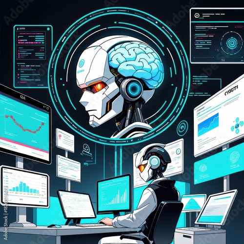Futuristic Artificial Intelligence Interface with Robot and Data Visualizations in Modern Workspace