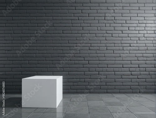 Minimalist Interior Design Featuring White Cube on Black Brick Wall with Polished Floor