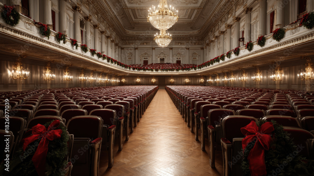 Obraz premium Grand concert hall decorated with elegant christmas garlands, red bows, and glowing chandeliers