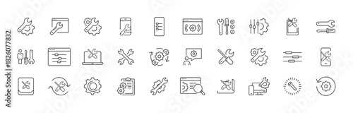 Collection of Line Icons of builder, engineer, repair and renovation. Suitable for books, stores, shops. Editable stroke in minimalist outline style. Symbol for design. Settings, vector illustration.