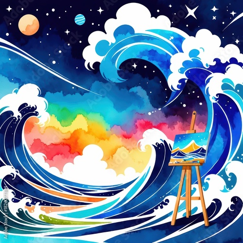 Colorful Abstract Ocean Waves with Painting Easel under Cosmic Sky with Planets and Stars