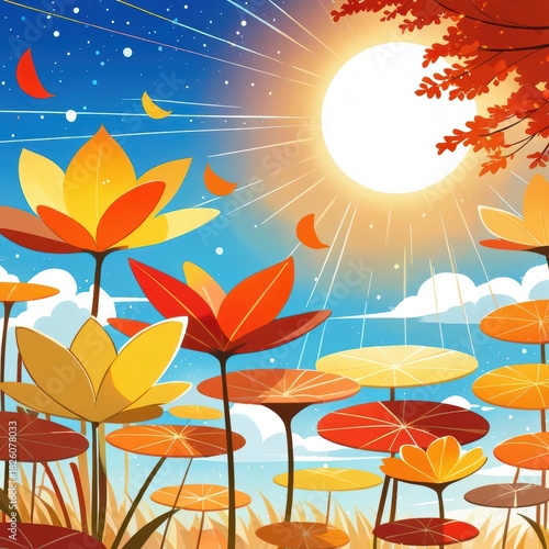 Bright Autumn Landscape with Colorful Flowers and Sunlight Under a Clear Blue Sky