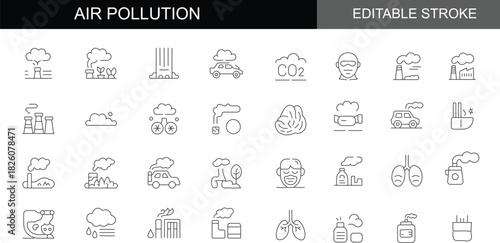 Global Air Pollution and Environmental Hazard Editable Stroke Line Icon Set: Ecology and Climate Vector Collection