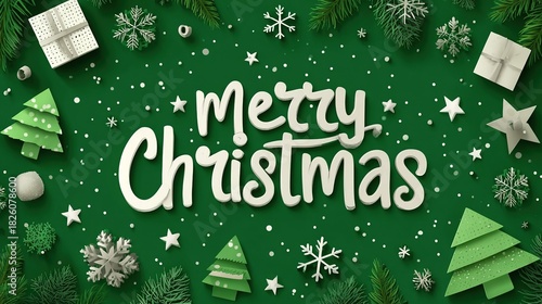  vector christmas background with paper-cut elements, green color, flat design, large text 