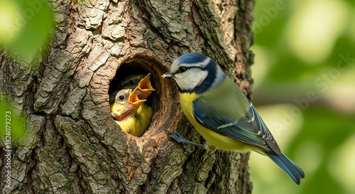 Eurasian blue tit feeding fledglings in a tree cavity nest