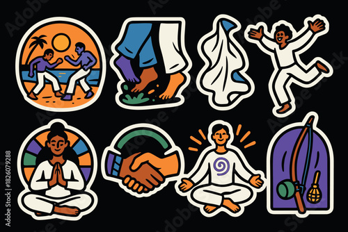 Capoeira harmony icon set featuring meditation, dance, and partnership elements for design