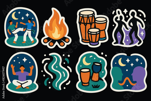 Capoeira night elements with drums, dance, and fire for event decoration