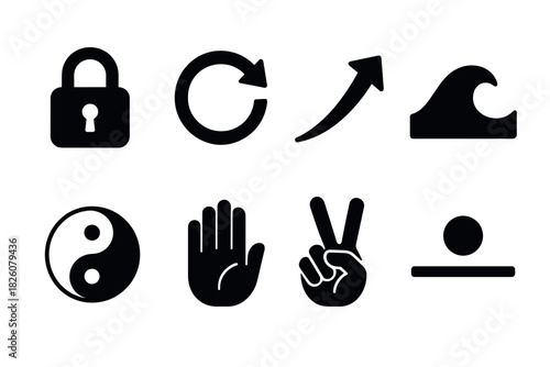 Minimalist icon set featuring lock, arrows, yin yang, hand gestures, and wave for modern design projects