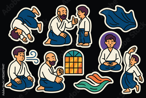 Aikido sticker set featuring martial arts poses and elements for creative projects