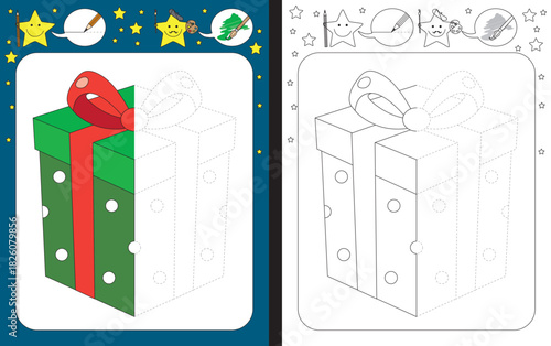 Preschool worksheet for practicing fine motor skills - tracing dashed lines - finish the illustration of a gift